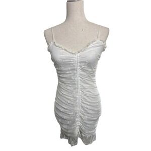 Mesh Embroidered Mini Dress Womens Medium Cream Y2K Fairy Coquette Floral Ruched